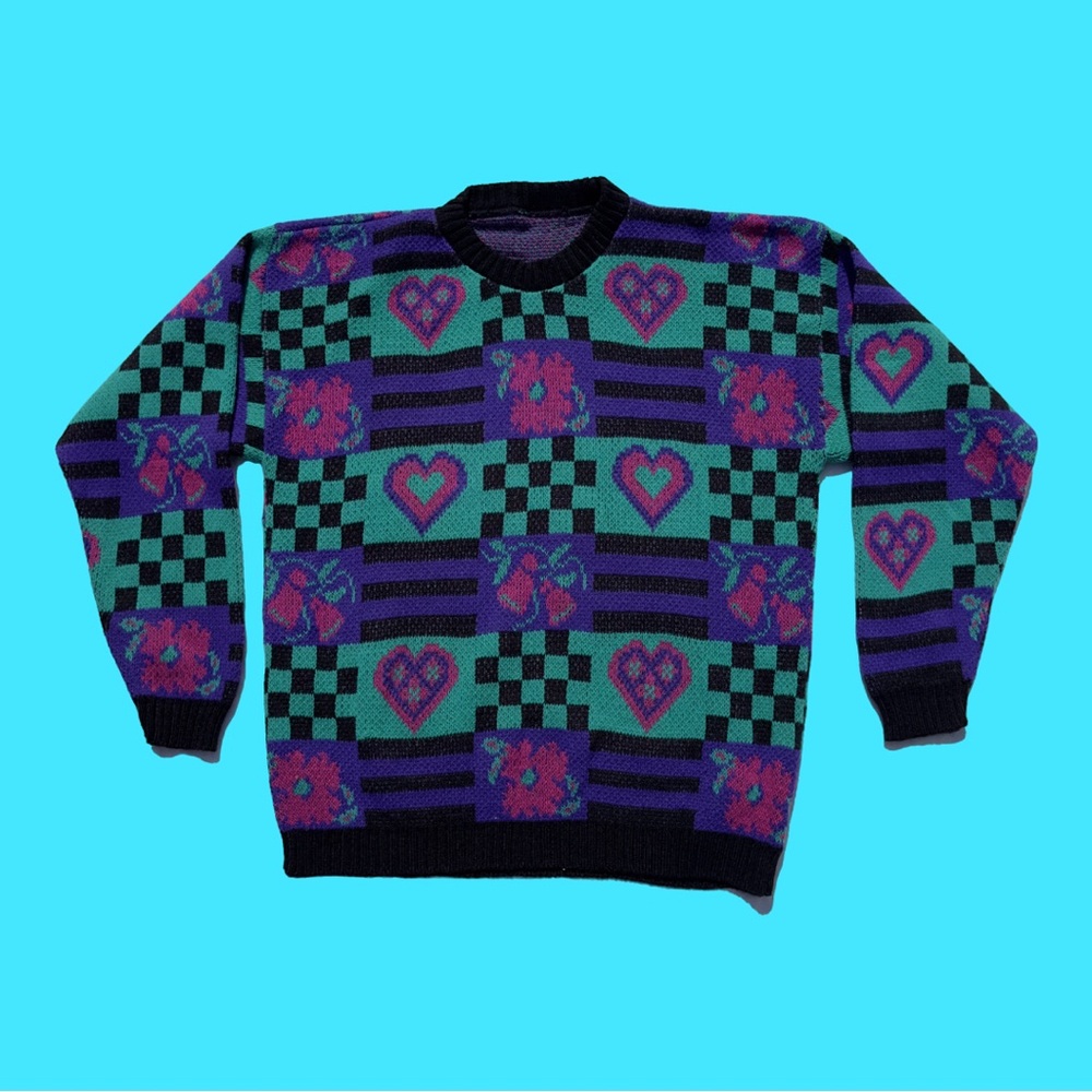 Vintage Sweater, early 90’s, “Hearts and Flowers”